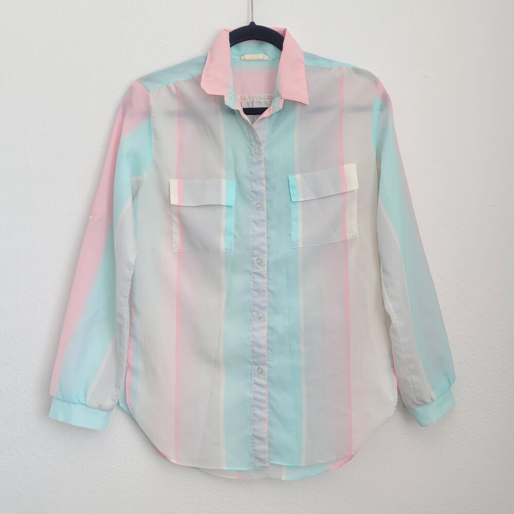 Vintage Cover Story Pastel Rainbow Striped Sheer Button Up Blouse Size M